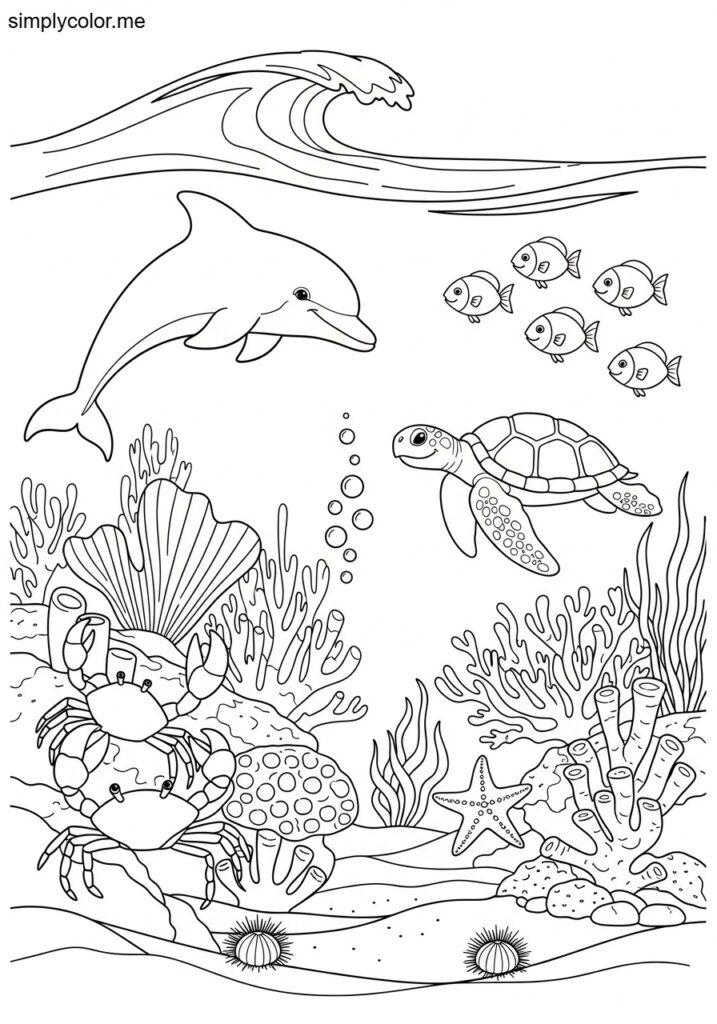 Color page ocean underwater sea life wave and marine creature exploration