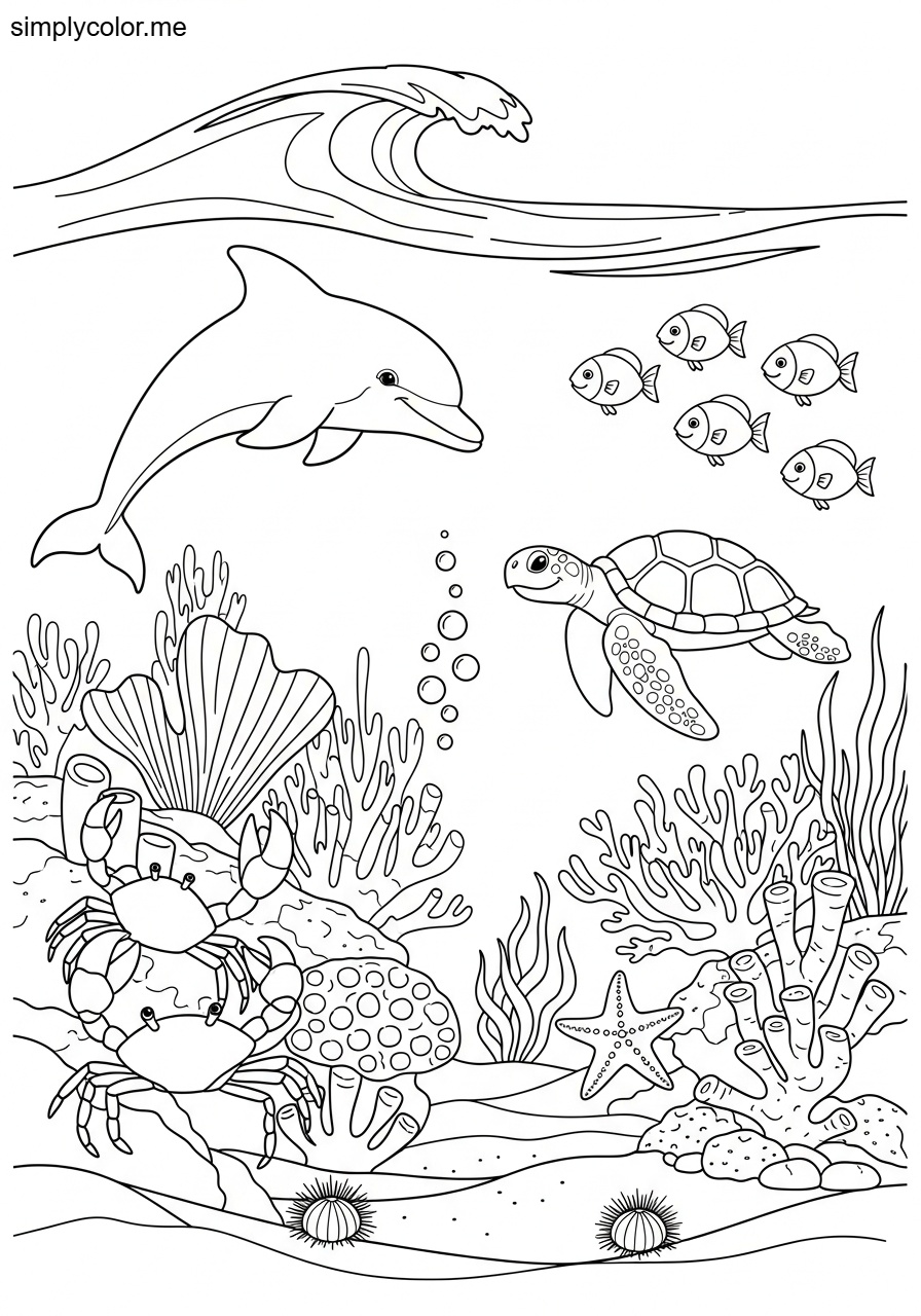 Color page ocean underwater sea life wave and marine creature exploration