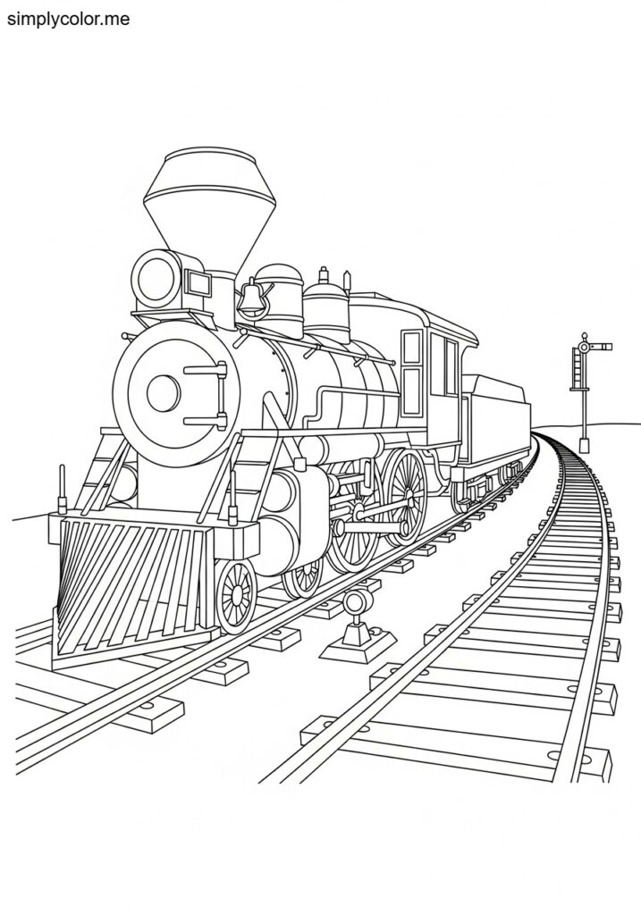 Color page train railroad adventure and locomotive design