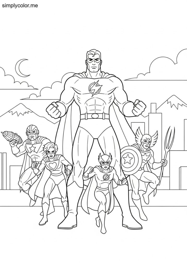 Coloring book page superheroes mighty hero adventure to print