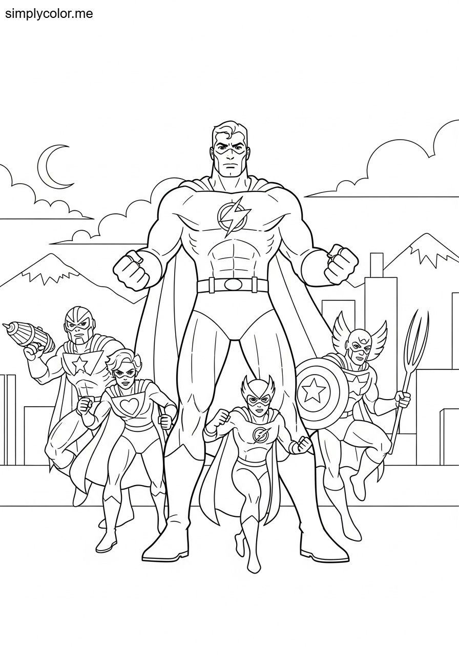 Coloring book page superheroes mighty hero adventure to print