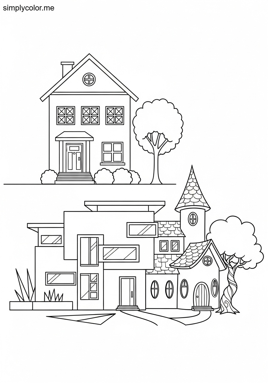 Coloring house page printable for kids and architecture fun