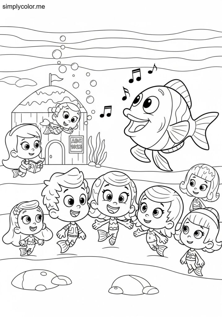 Coloring page Bubble Guppies underwater school adventure with singing dancing fish friend