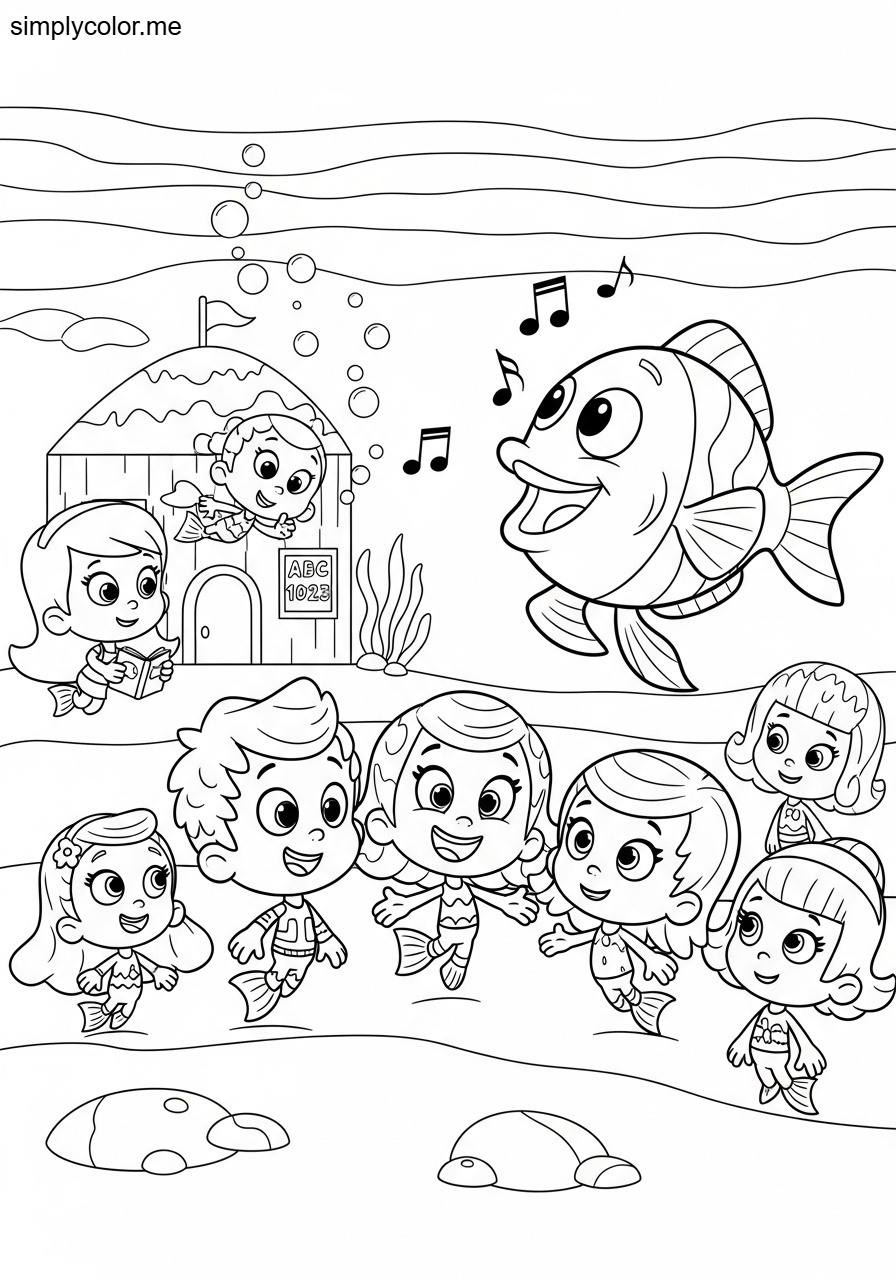 Coloring page Bubble Guppies underwater school adventure with singing dancing fish friend