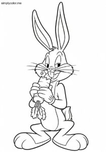 Coloring page Bugs Bunny Looney Tunes cartoon rabbit eating carrot what's up doc