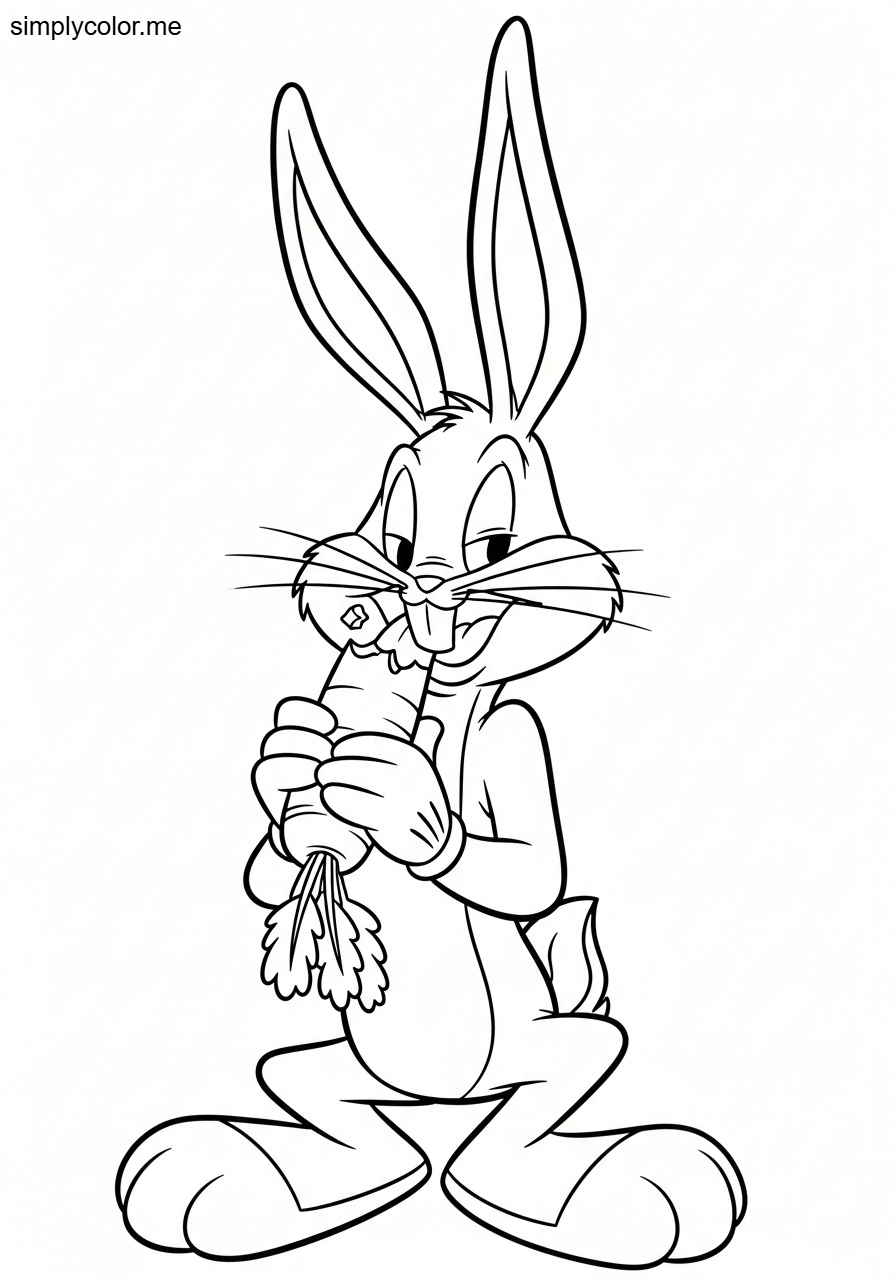 Coloring page Bugs Bunny Looney Tunes cartoon rabbit eating carrot what's up doc