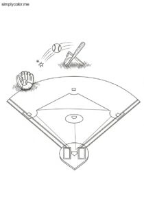 Coloring page baseball diamond field sport equipment bat glove and home run
