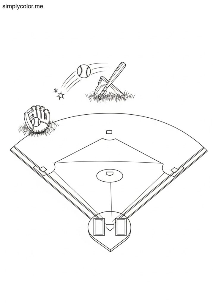 Coloring page baseball diamond field sport equipment bat glove and home run