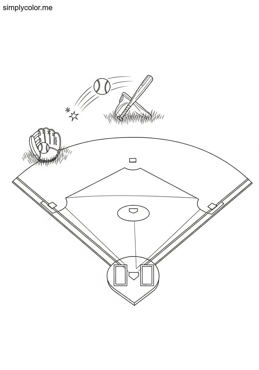 Coloring page baseball diamond field sport equipment bat glove and home run
