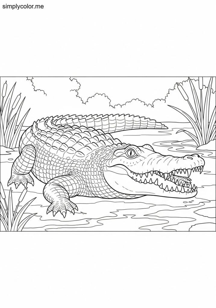 Coloring page crocodile swamp reptile alligator with sharp teeth and scaly skin