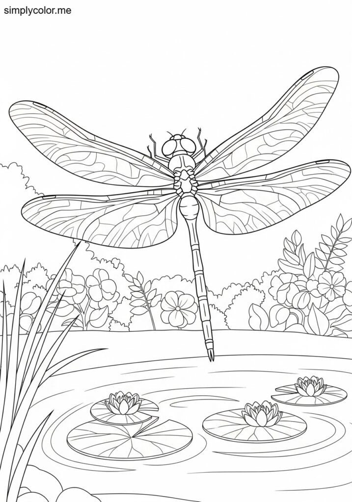 Coloring page dragonfly delicate winged insect hovering over pond and garden