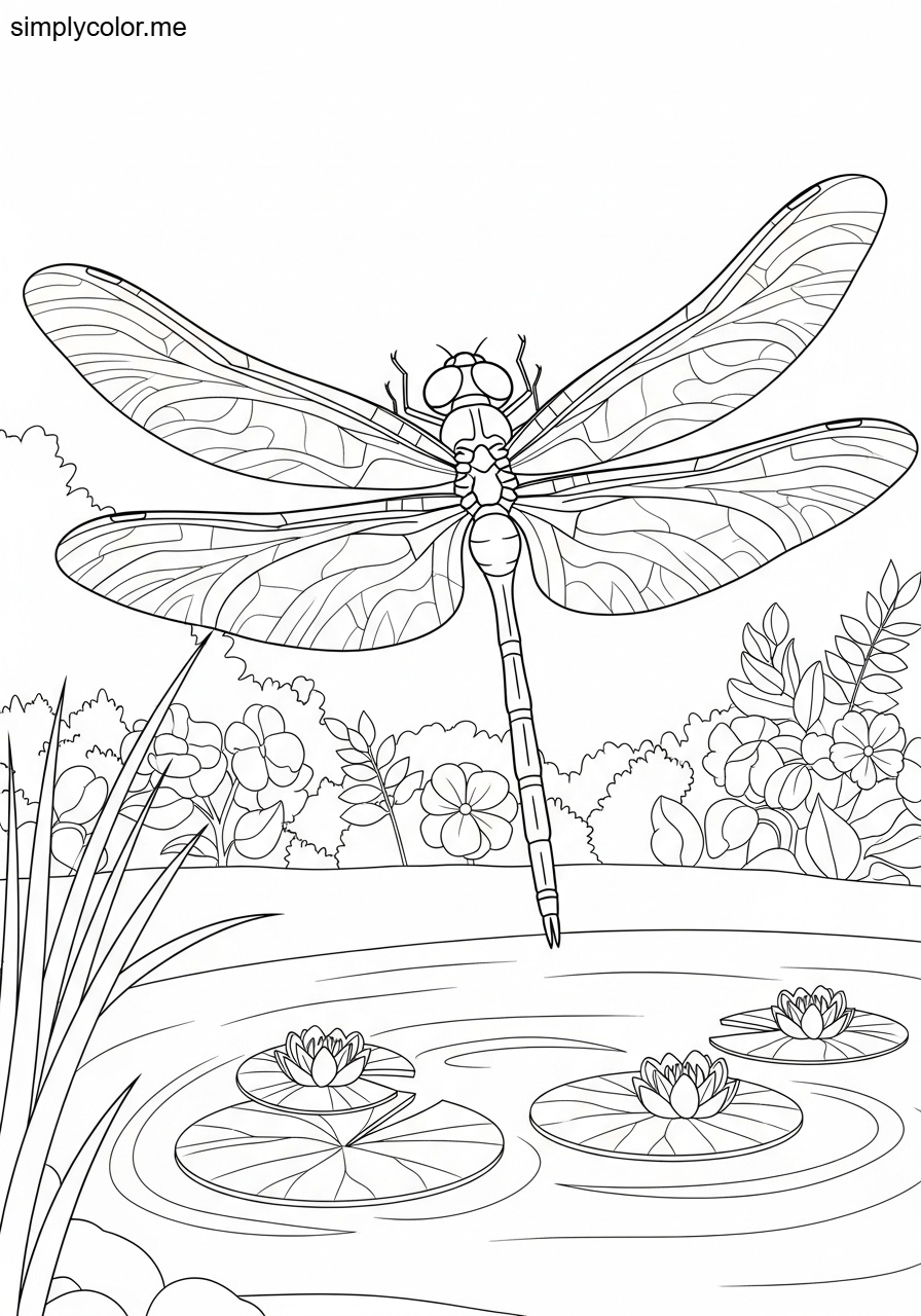 Coloring page dragonfly delicate winged insect hovering over pond and garden