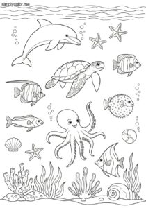 Coloring page for ocean printable for sea life learning