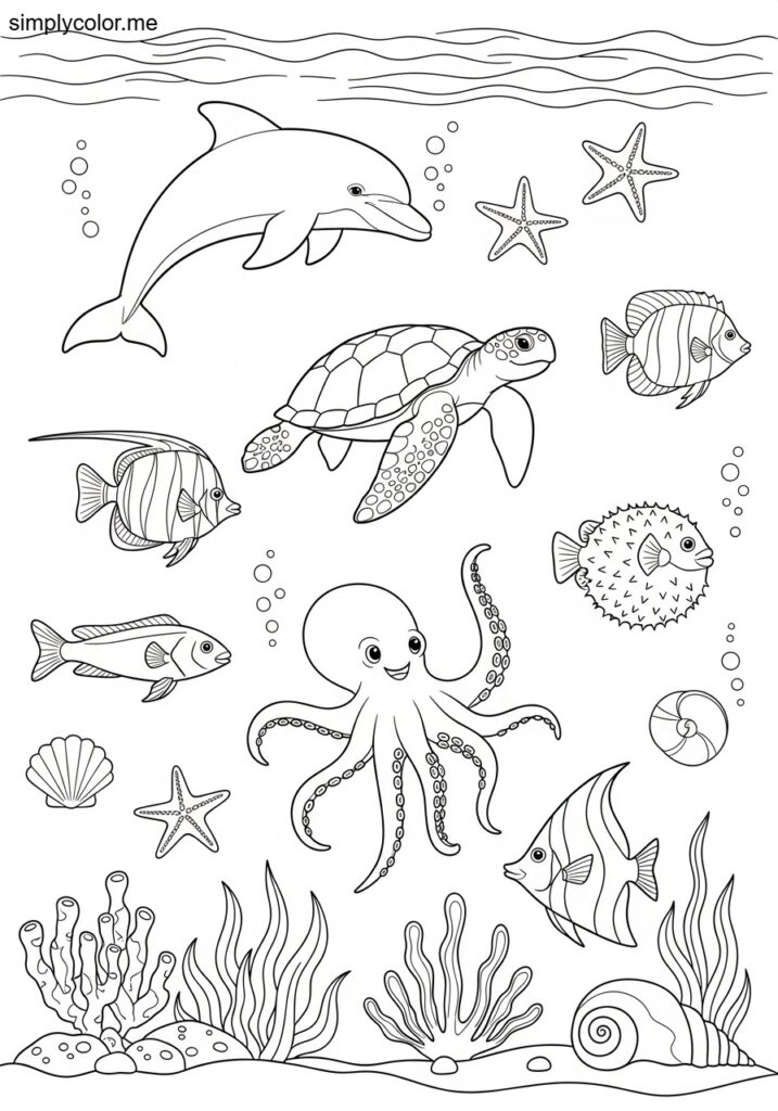 Coloring page for ocean printable for sea life learning