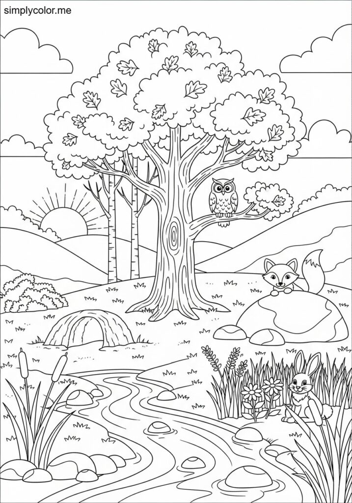 Coloring page forest woodland tree animal habitat and nature scene exploration