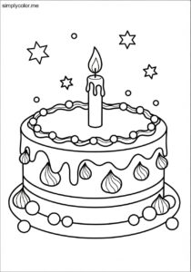 Coloring page of a cake delicious frosted dessert celebration with candle and decoration