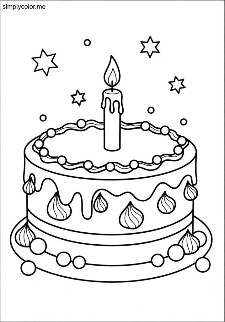 Coloring page of a cake delicious frosted dessert celebration with candle and decoration