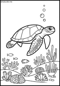 Coloring page of a sea turtle ocean reptile swimming in coral reef habitat Coloring page of a sea turtle ocean reptile swimming in coral reef habitat