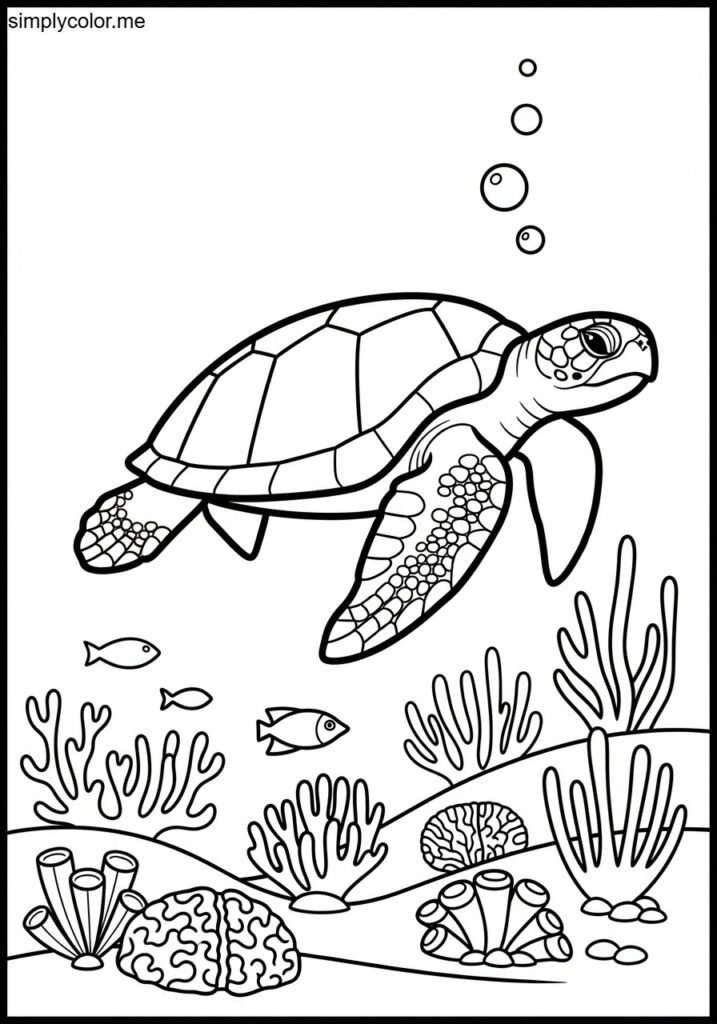 Coloring page of a sea turtle ocean reptile swimming in coral reef habitat