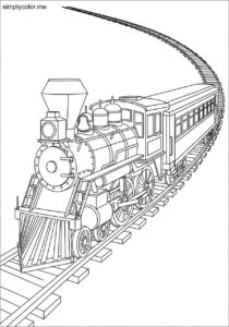 Coloring page of a train railroad locomotive engine with car and track adventure