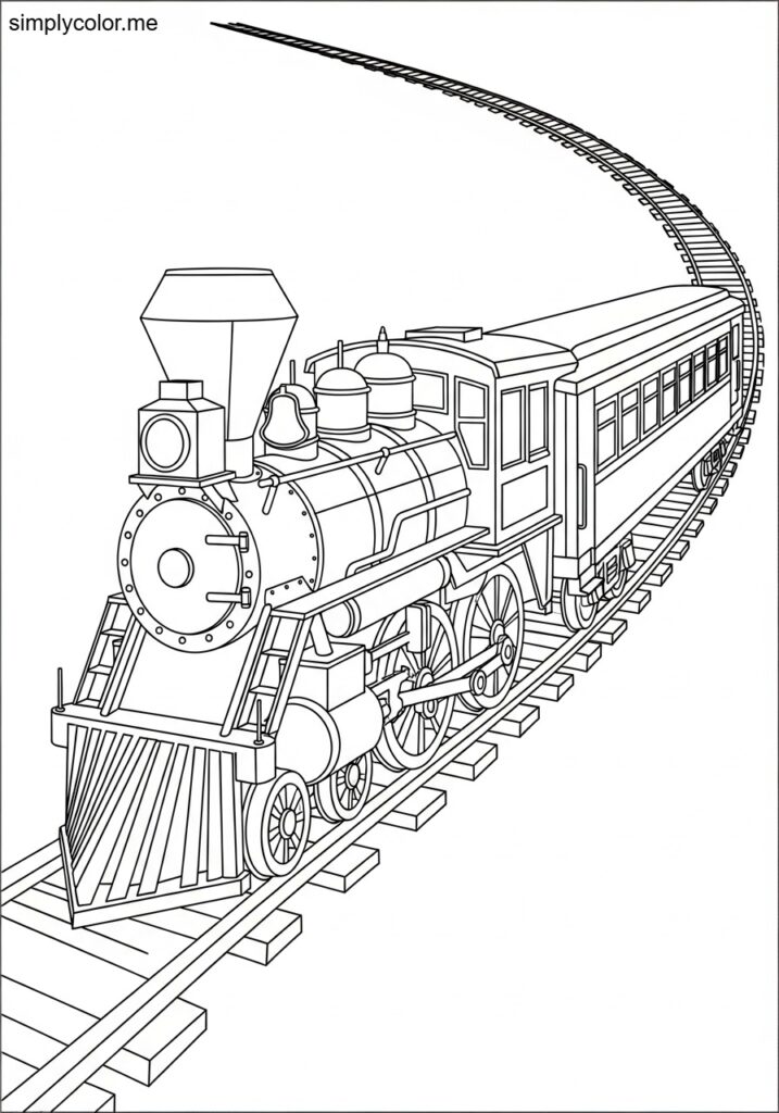 Coloring page of a train railroad locomotive engine with car and track adventure