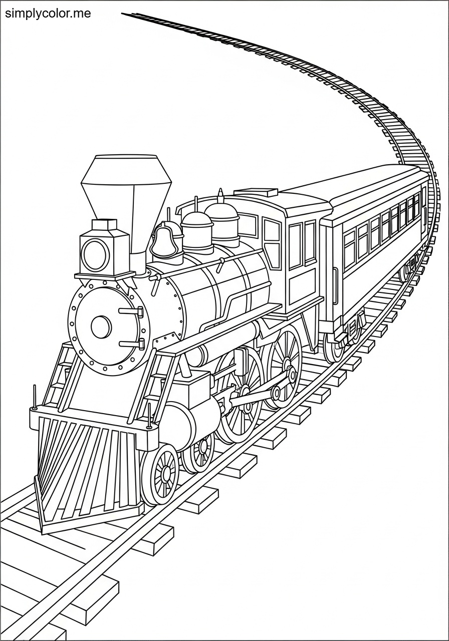 Coloring page of a train railroad locomotive engine with car and track adventure