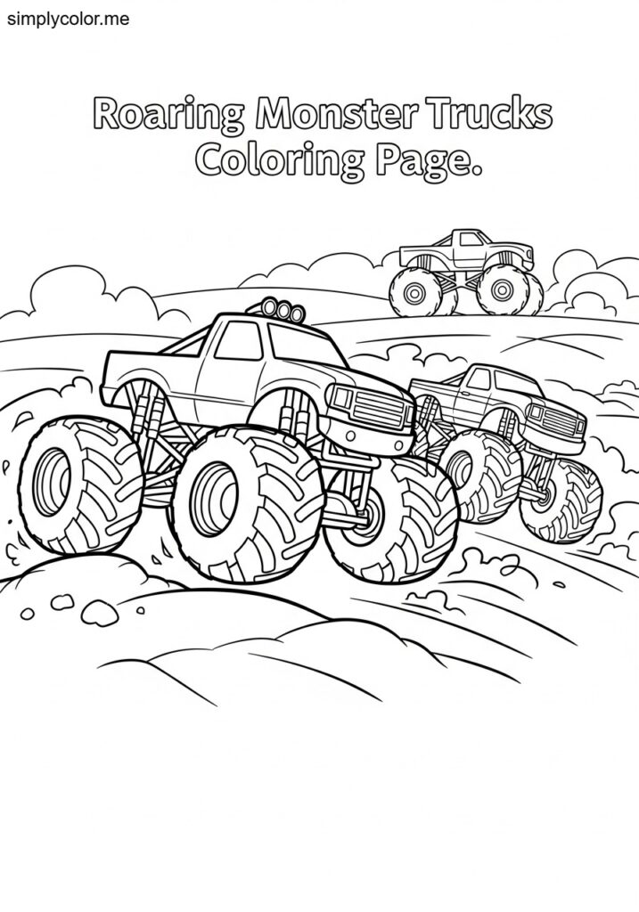 Coloring page of monster trucks printable for boys