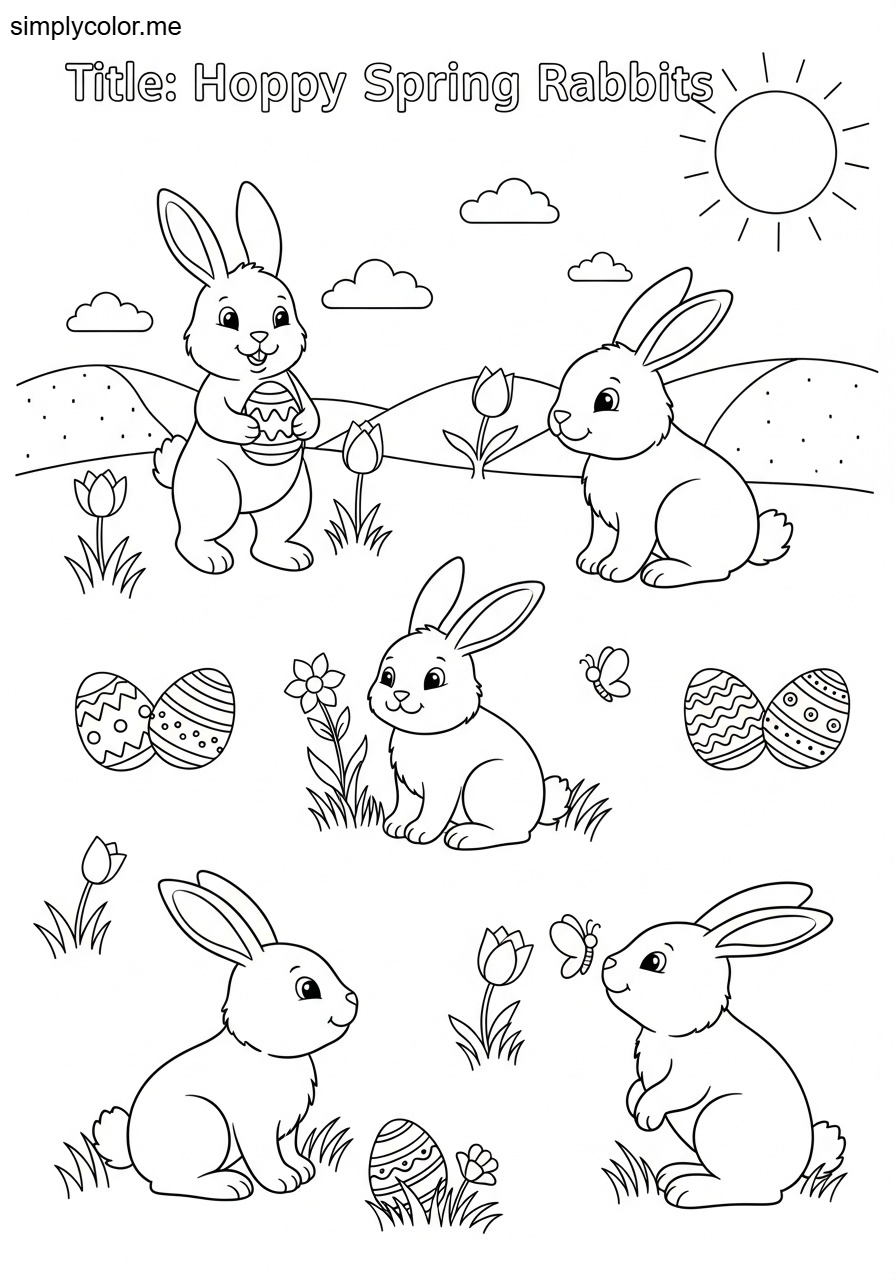 Coloring page of rabbits printable for Easter and spring