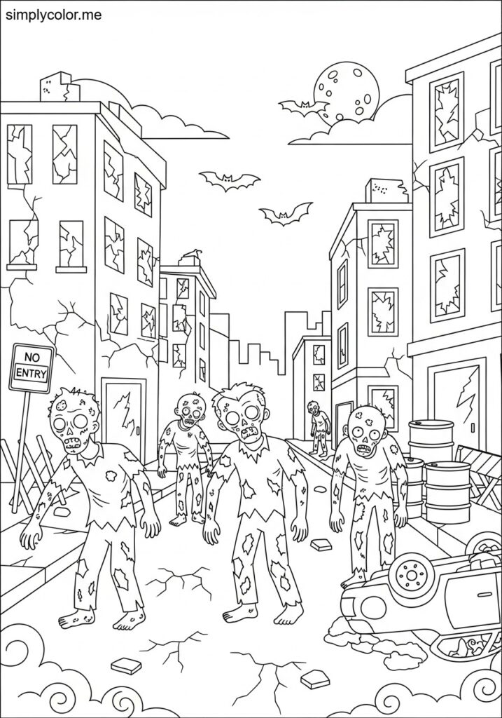 Coloring page zombies spooky undead monster halloween creature apocalypse survival scene