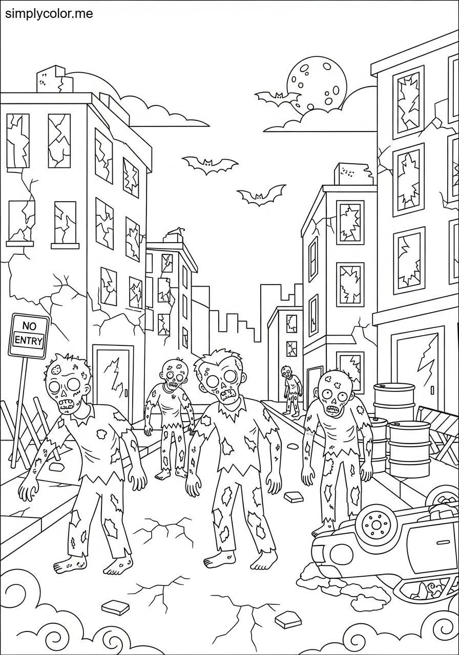 Coloring page zombies spooky undead monster halloween creature apocalypse survival scene