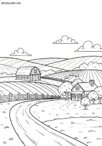 Country coloring page rural life and farmland landscape Country coloring page rural life and farmland landscape