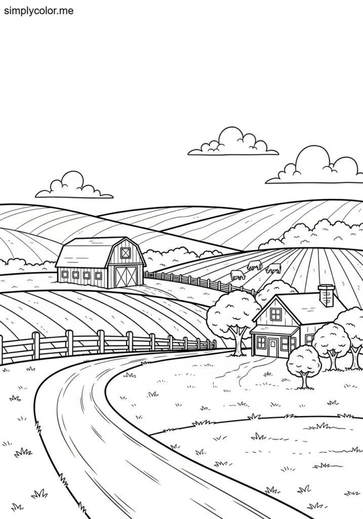 Country coloring page rural life and farmland landscape