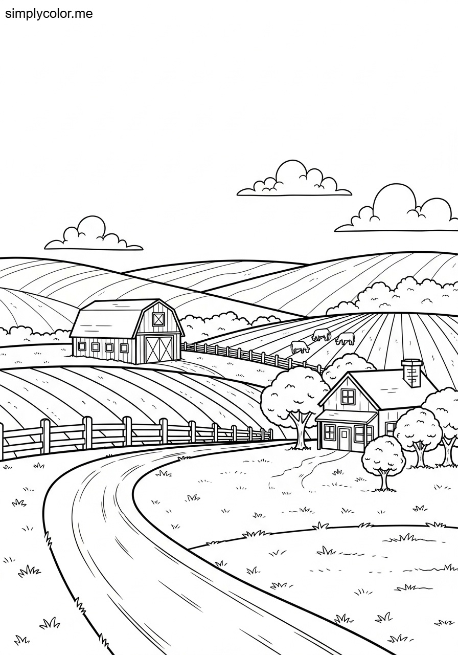 Country coloring page rural life and farmland landscape