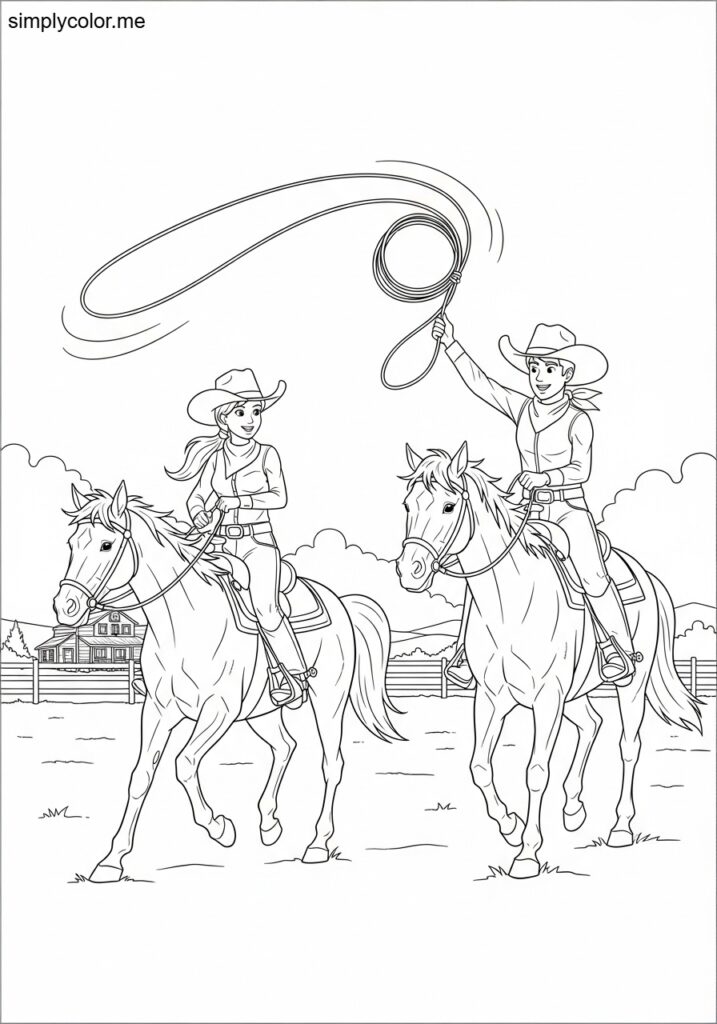 Cowboy cowgirl coloring page wild west rodeo ranch adventure with lasso and horse