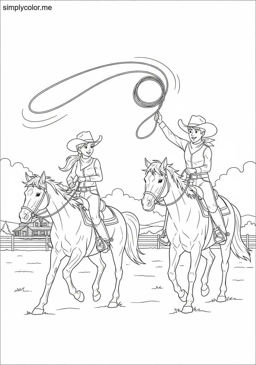 Cowboy cowgirl coloring page wild west rodeo ranch adventure with lasso and horse