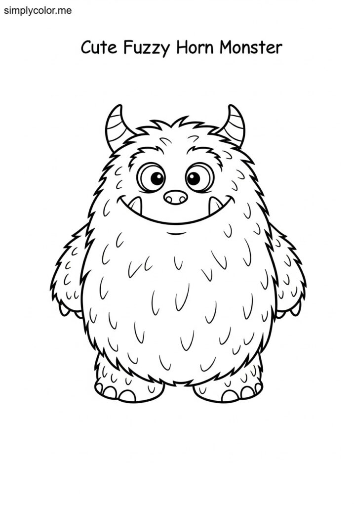 Cute monster coloring page friendly silly creature with horn and fuzzy fur
