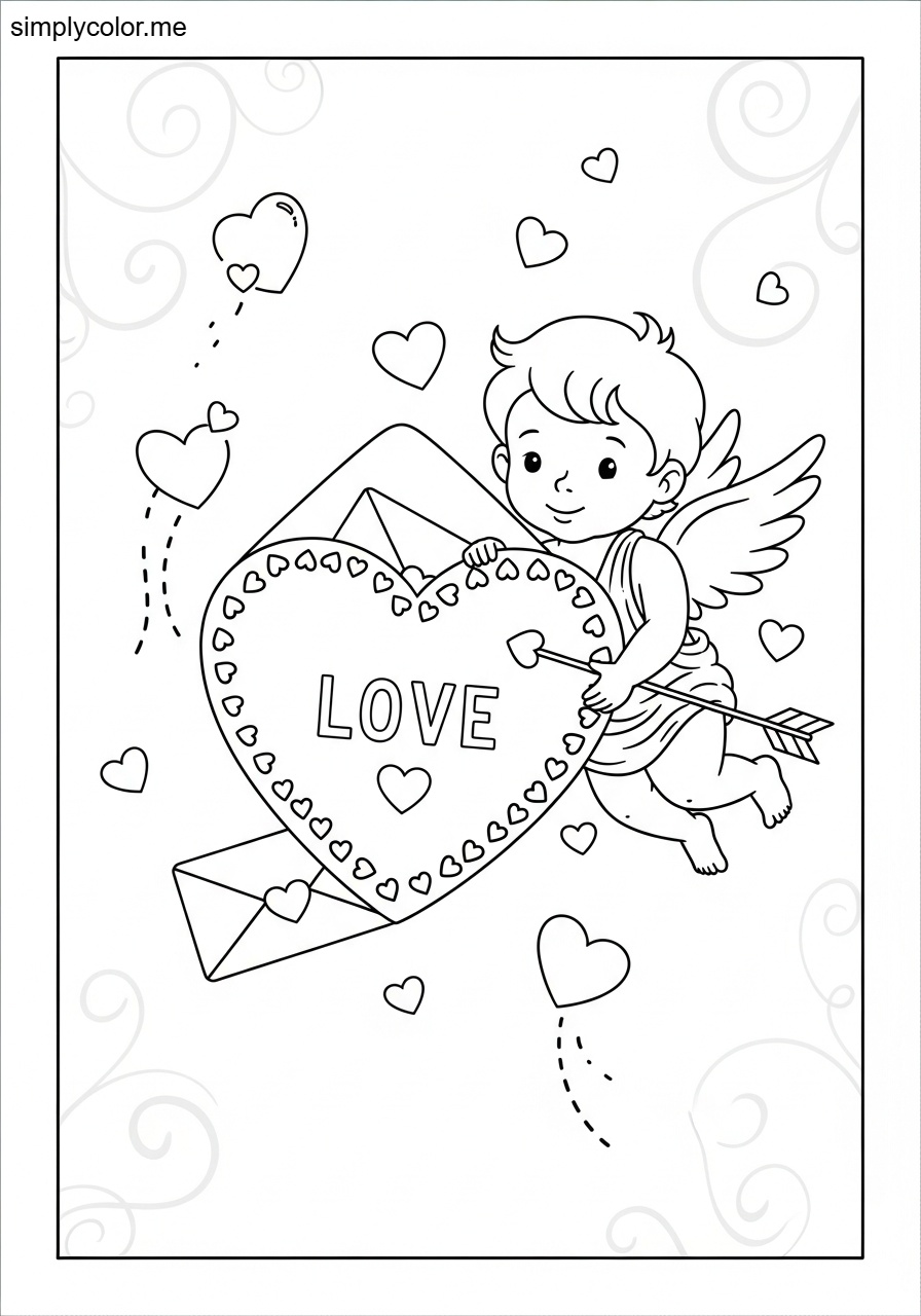 Cute valentines coloring page adorable cupid heart love letter romantic february design
