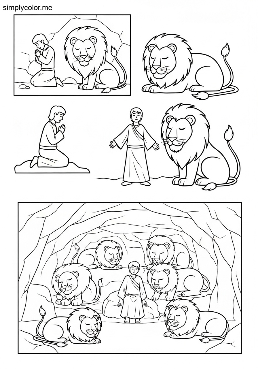 Daniel and the lion’s den coloring page printable for Bible study