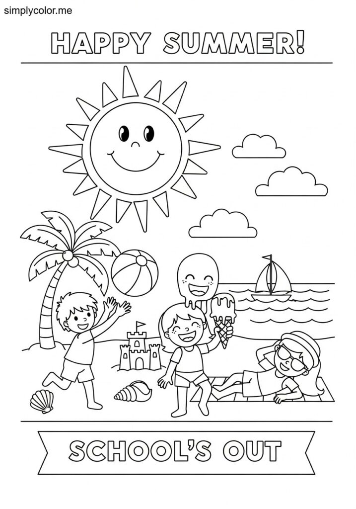 End of school year coloring page summer vacation celebration