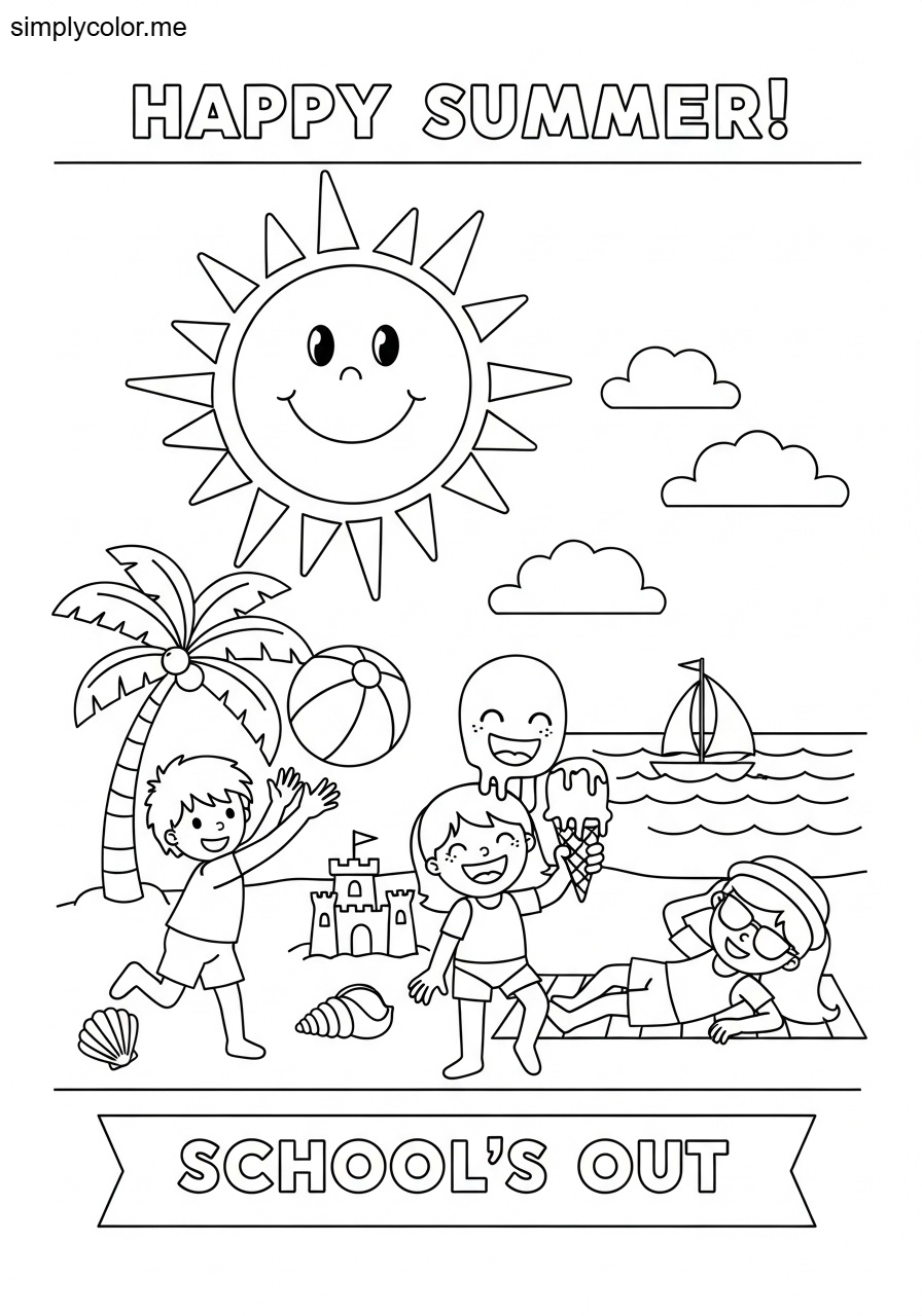 End of school year coloring page summer vacation celebration