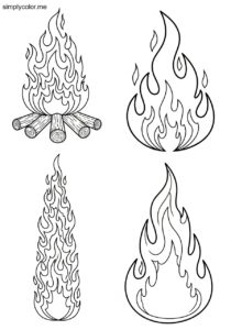 Fire flame coloring page hot burning design and campfire
