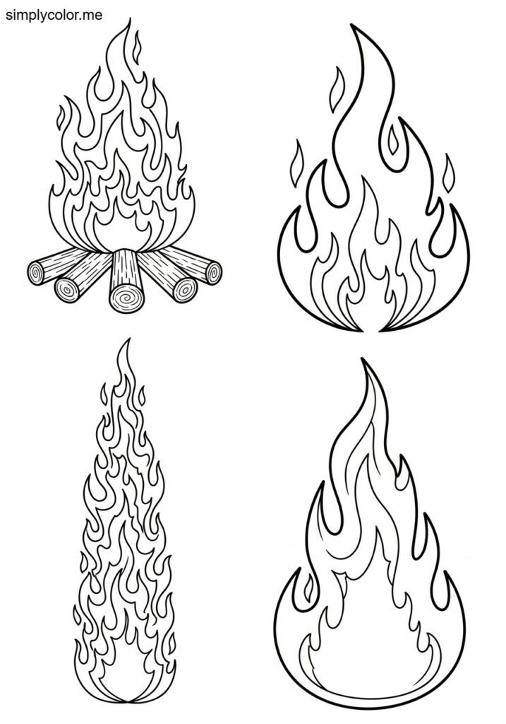 Fire flame coloring page hot burning design and campfire