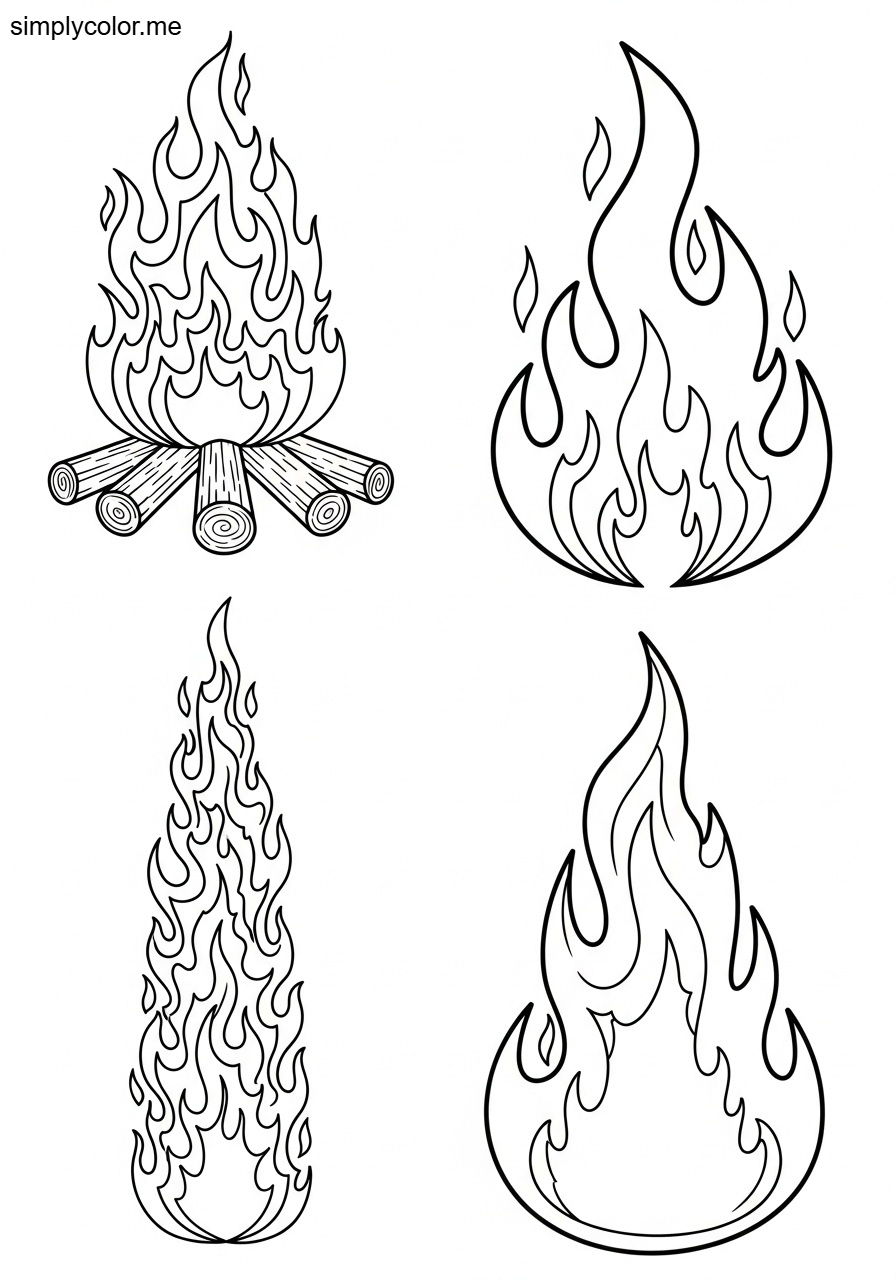 Fire flame coloring page hot burning design and campfire