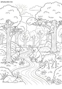 Forest animals coloring page woodland creature habitat scene