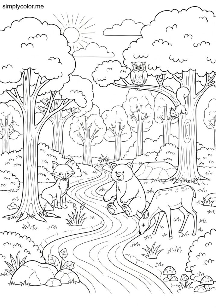 Forest animals coloring page woodland creature habitat scene