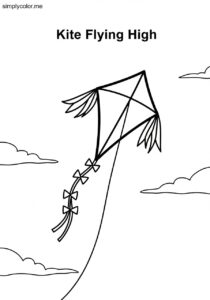 Kite coloring page flying high on windy spring day