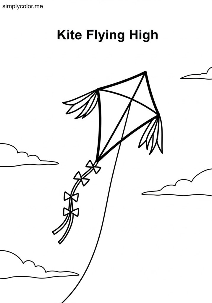 Kite coloring page flying high on windy spring day