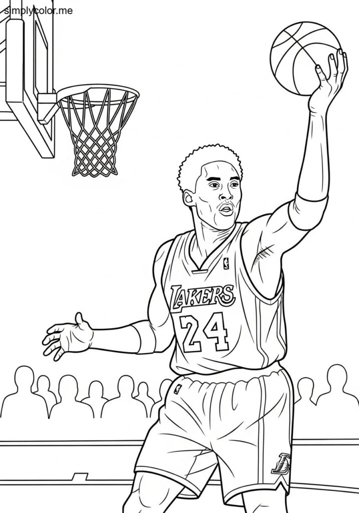 Kobe playing basketball coloring page printable for fans