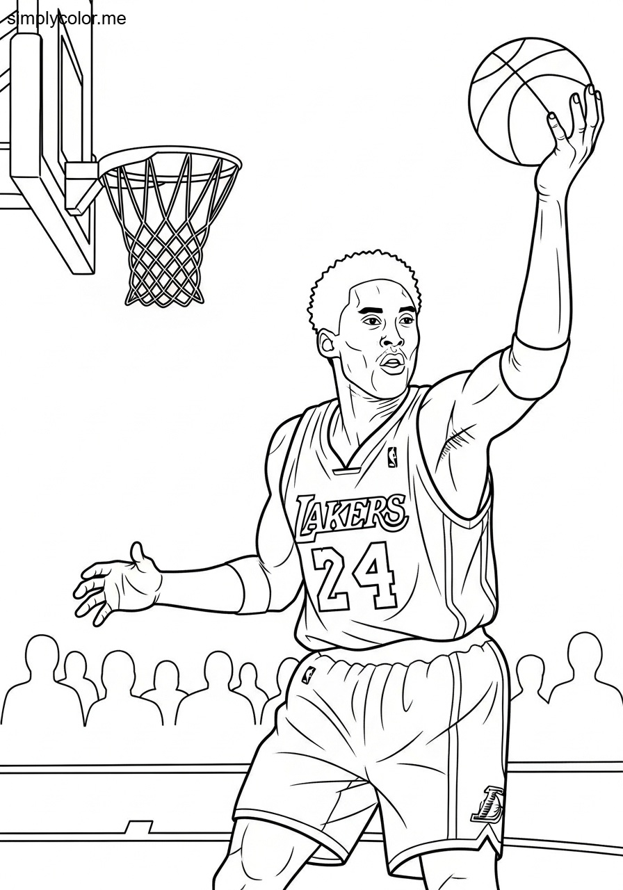 Kobe playing basketball coloring page printable for fans