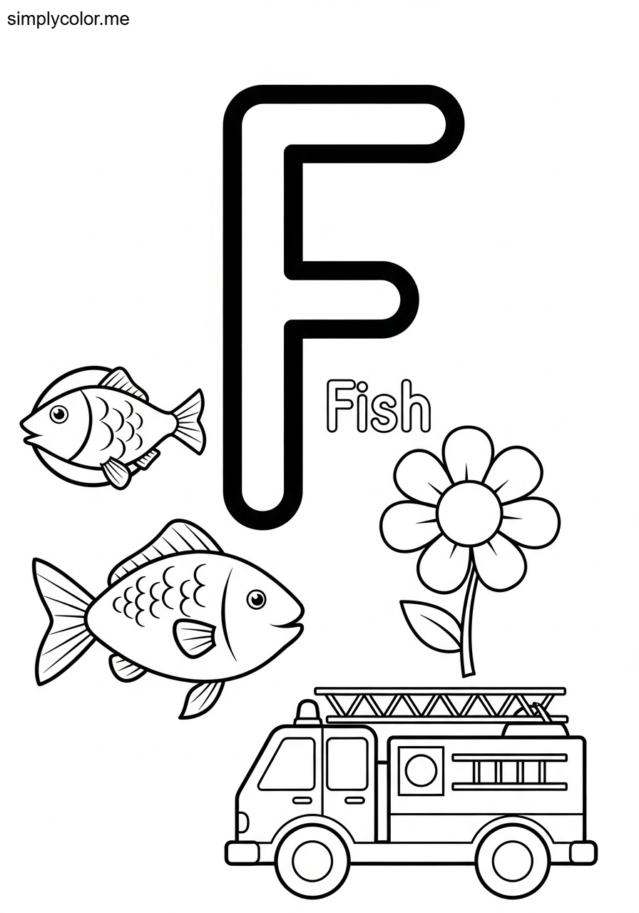 Letter F coloring page printable for preschool learning